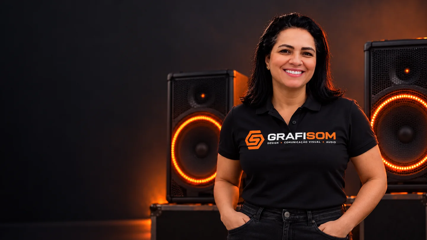 Imagem publicitária da modelo com polo GRAFISOM e duas caixas de som com iluminação laranja.