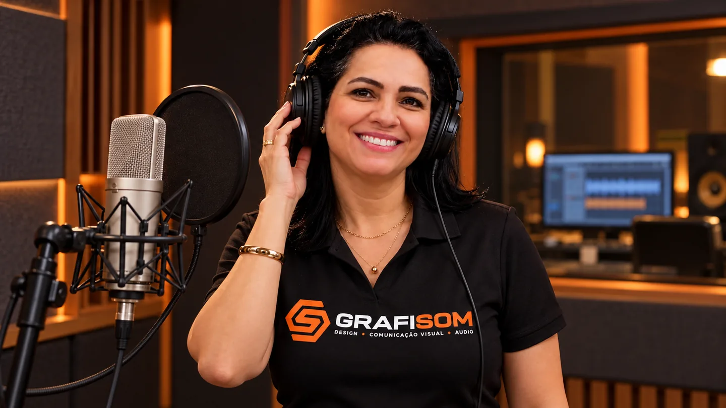 Imagem publicitária da modelo GRAFISOM com fones de ouvido e microfone em estúdio.