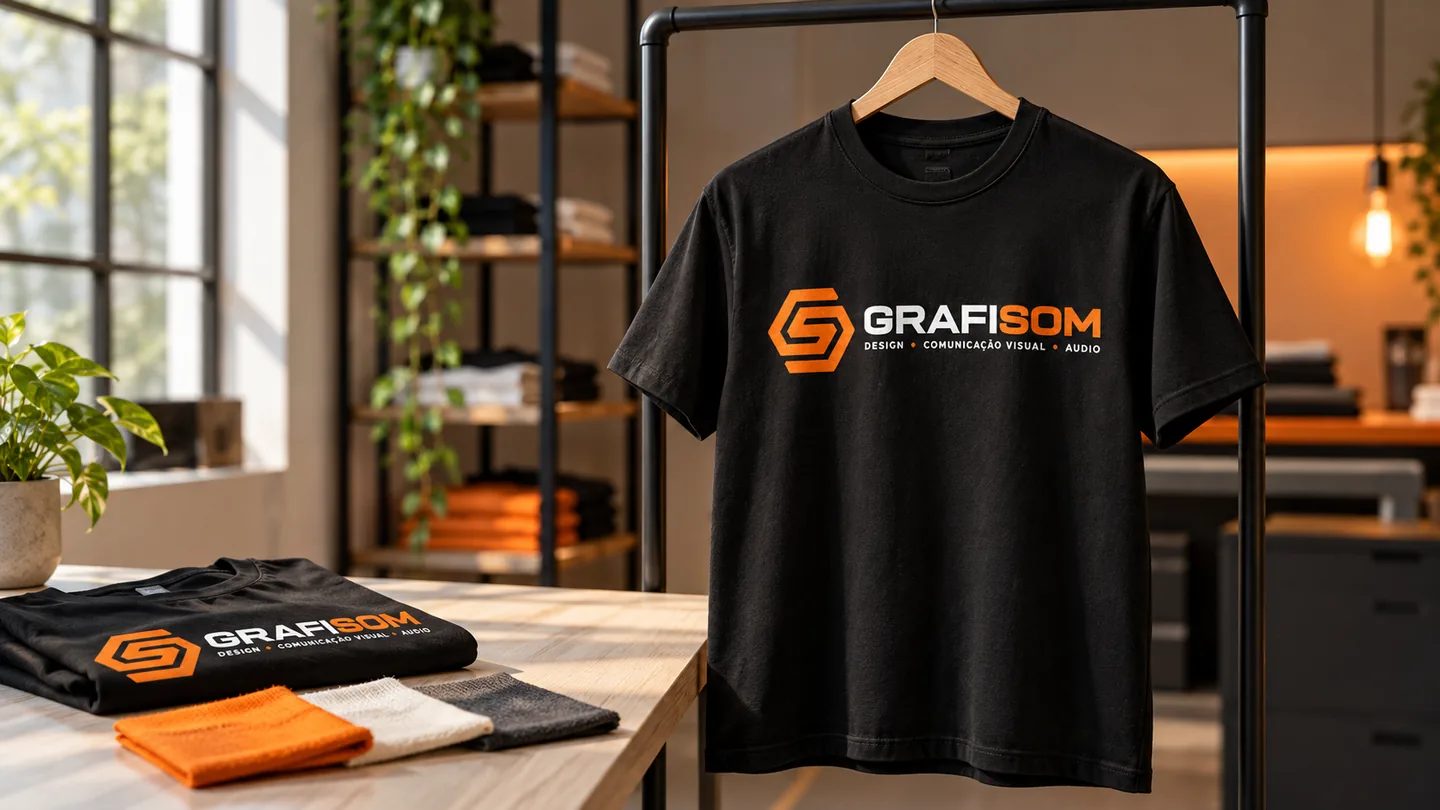 Mockup ilustrativo de camisetas estampadas GRAFISOM e amostras de tecido.