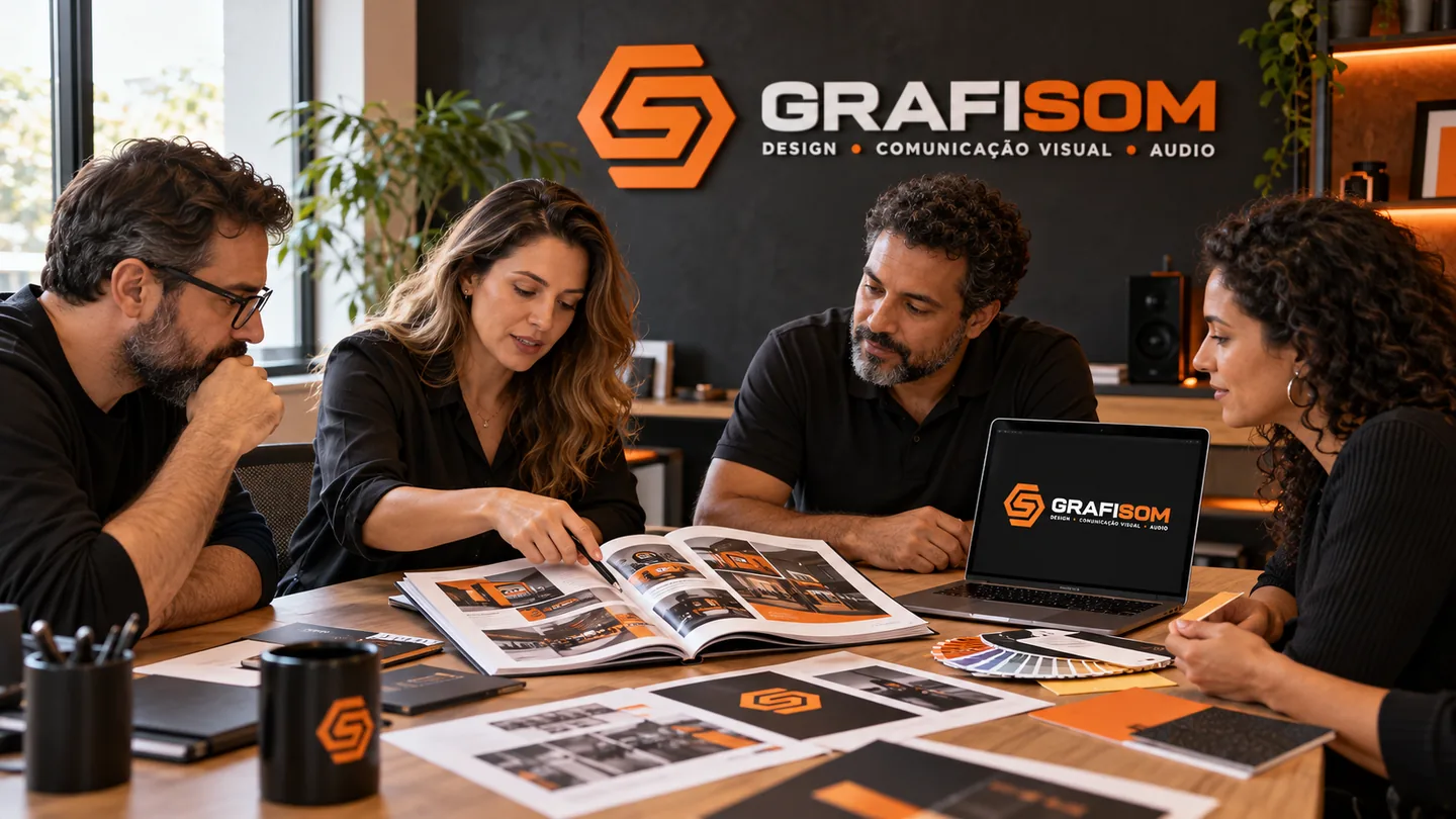 Cena publicitária ilustrativa de colaboração criativa em torno de materiais de design.