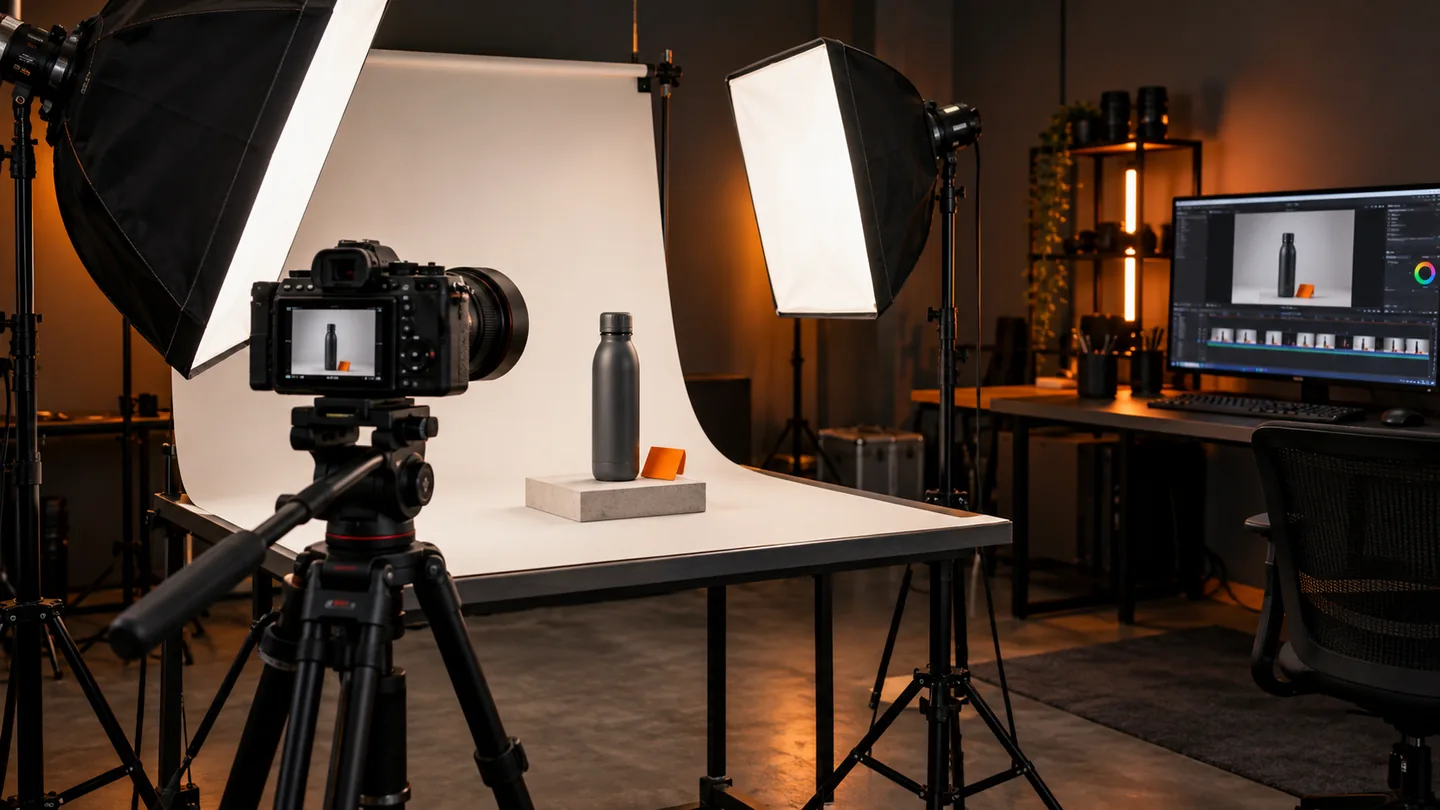 Cena ilustrativa de fotografia de produto com câmera, iluminação e monitor de edição de vídeo.
